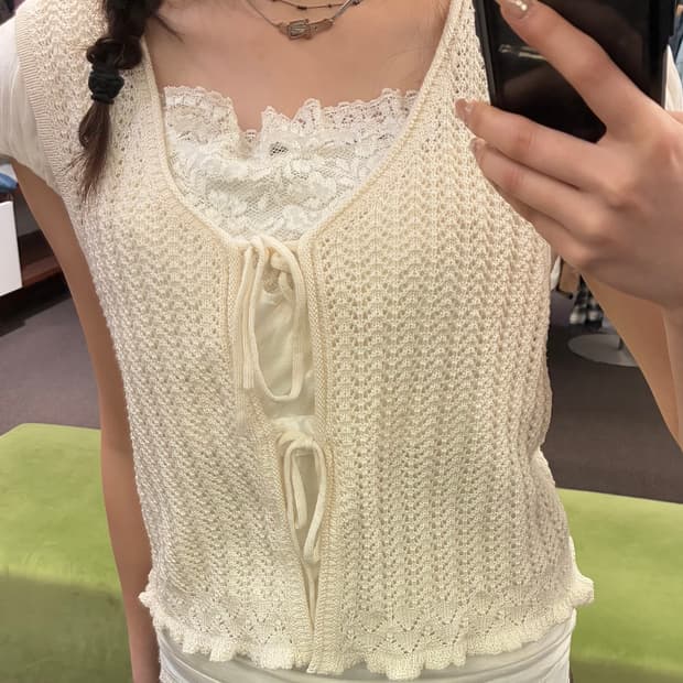 L)GU 빈티지 여성 펀칭 프릴 슬리브리스 가디건