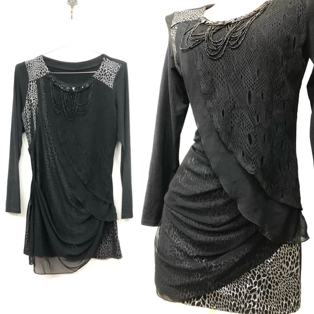 black layered mesh shirring dress