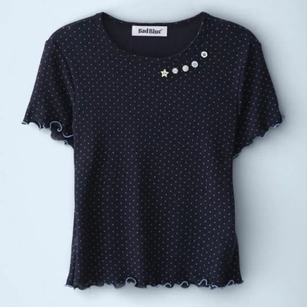 배드블루 반팔 Sheer Dot Buttons Baby Tee Navy