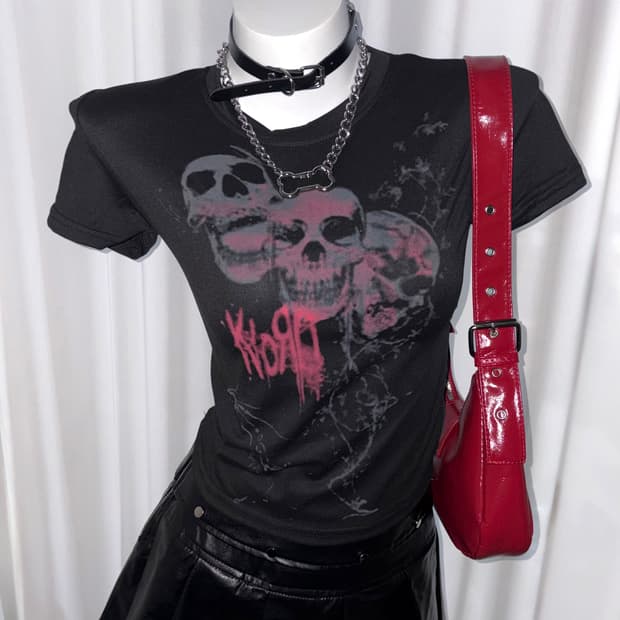 [red skull T]갸루 고딕 펑크 빈티지 레드 해골 크롭 슬림핏 티