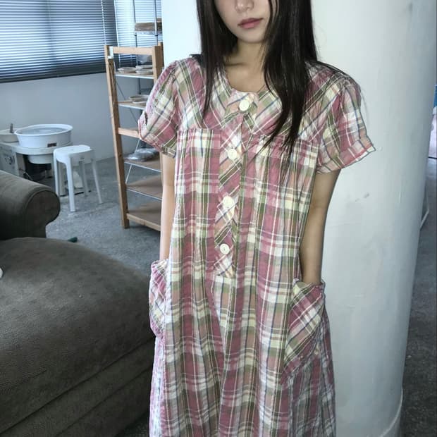 핑크 체크 포켓 원피스