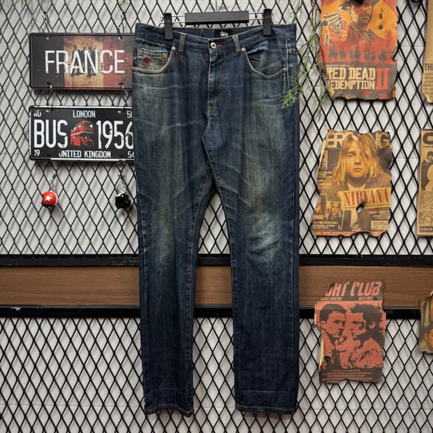 00s 스투시 스트레이트 핏 데님 팬츠 전면 포켓 로고 포인트 중청