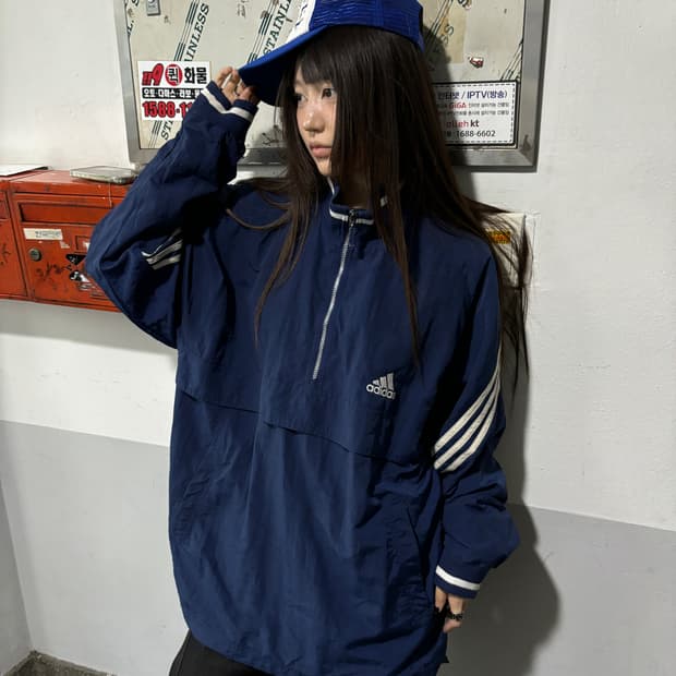 90s ADIDAS 네이비 반집업 아노락 