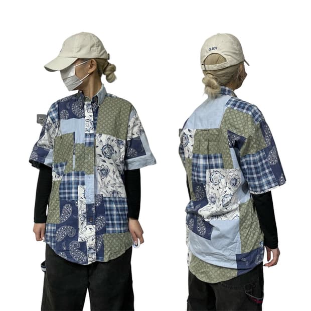 빈티지 블루 패턴 카라 오버핏 반팔티 S