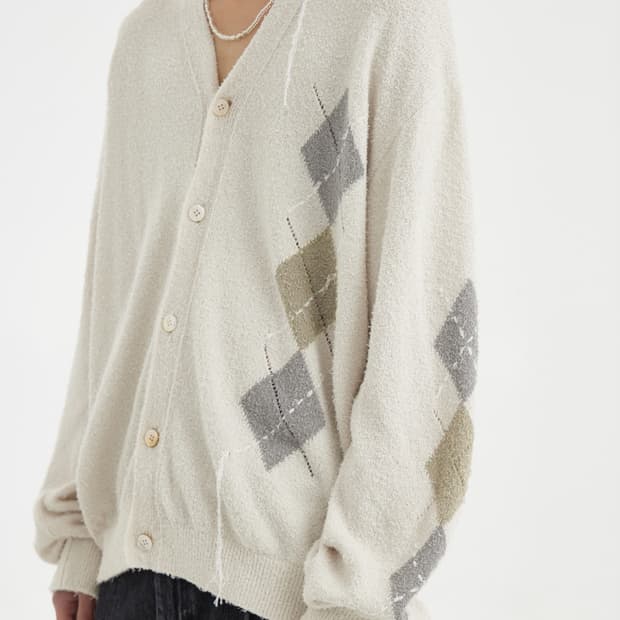 유스 아가일 핸드 스티치 니트 가디건 아이보리 L