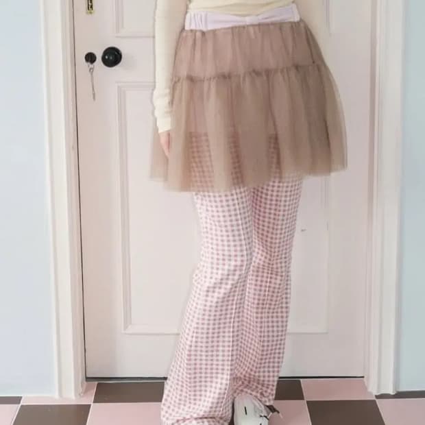 샤키리 깅엄 부츠컷 팬츠 