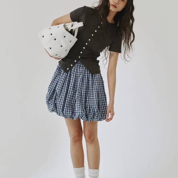 PLZPROJECT 플리즈프로젝트 BALLOON SKIRT 블루 체크