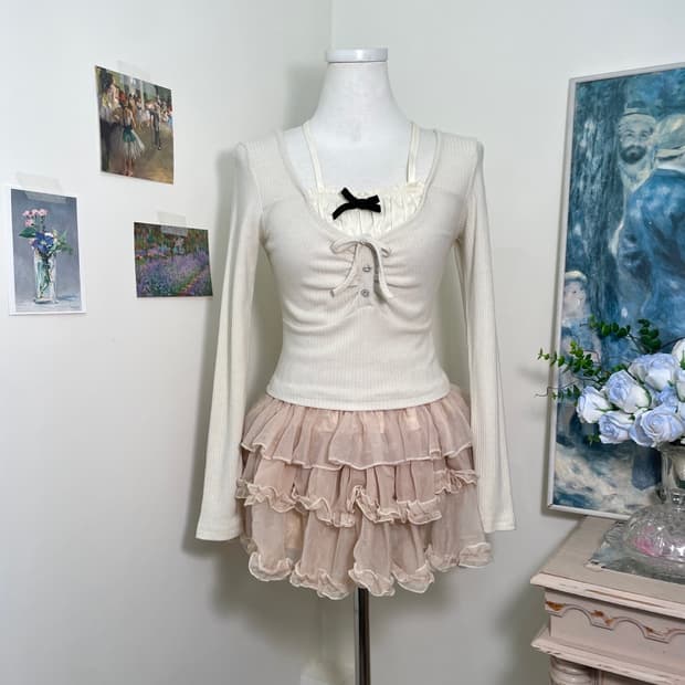 ivory shirring bow point long sleeve kni