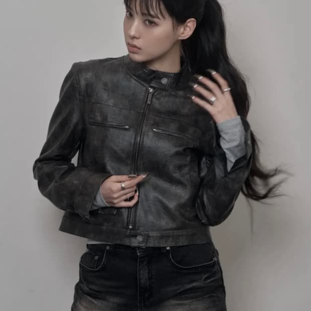 카키포인트 레이싱 레더 자켓 다크그레이