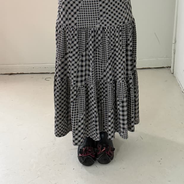 일본빈티지 체크 패치워크 롱스커트 