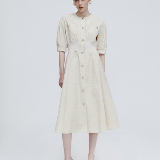 [기은세원피스] 마리끌레르 리브블록 벌룬 원피스 베이지