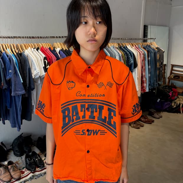 오렌지 'BATTLE' 웨스턴 반팔 셔츠 L
