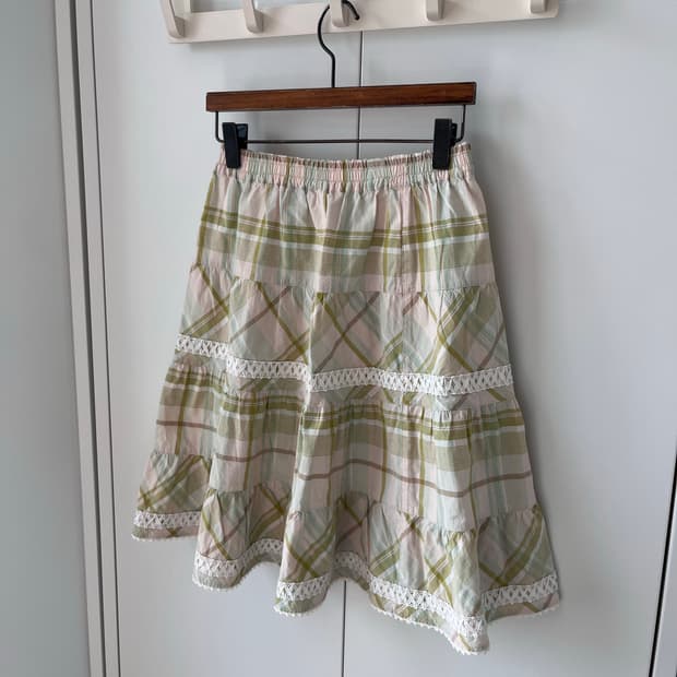 Olive girl 그린 체크 레이스 미디 스커트 