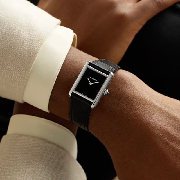 [L] 까르띠에 탱크 머스트 블랙 래커 다이얼 가죽 스트랩