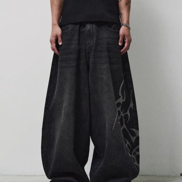 FLAME ARTWORK WIDE DENIM_BLACK 데님 바지 블랙