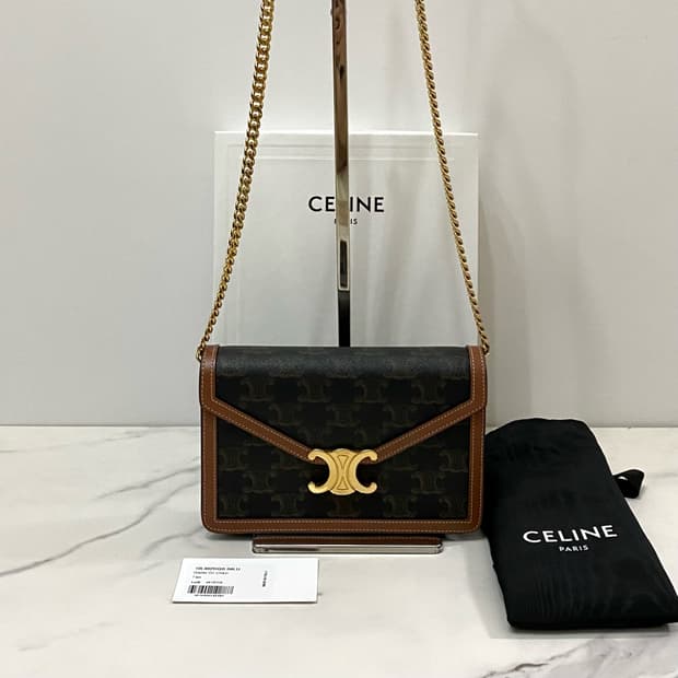 셀린느 월렛 온 체인 마고 트리옹프 캔버스 카프스킨 탄 숄더백 크로스백