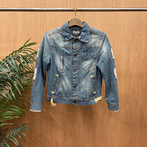 돌체앤가바나 데님 자켓 디스트로이드 집업 포켓 버클 디테일 블루