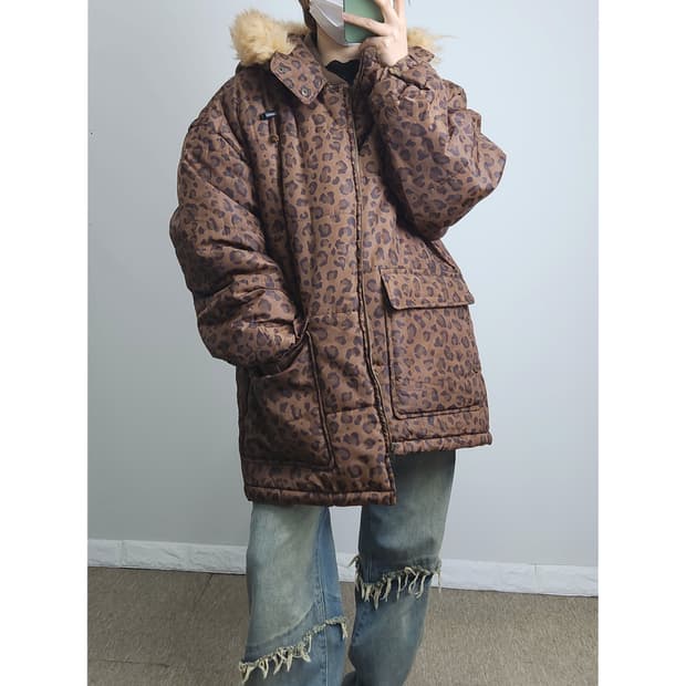 레오파드 후드 패딩