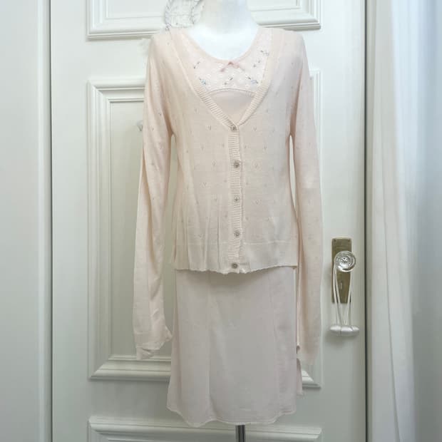 sheer pink crochet soft cardigan&flower 
