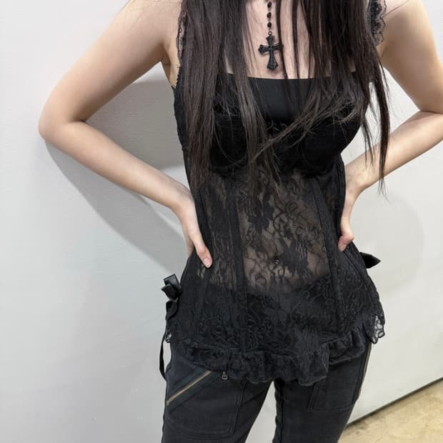 리본 레이스 디테일 시스루 코르셋