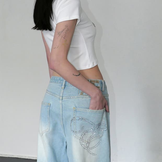 E-Hotfix Logo Denim Pants - Light blue 