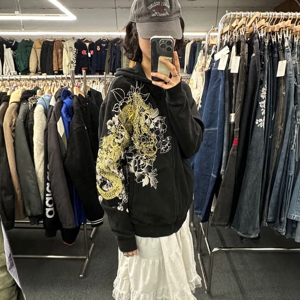 XL)카라쿠리 타마시 빈티지 드래곤 자수 후드집업