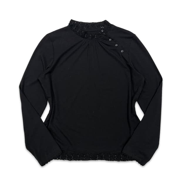 빈티지 블랙 비즈 어깨 단추 긴팔티