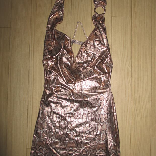 Y2k 뱀피 패턴 브라운 홀터넥 큐빅 미니 원피스