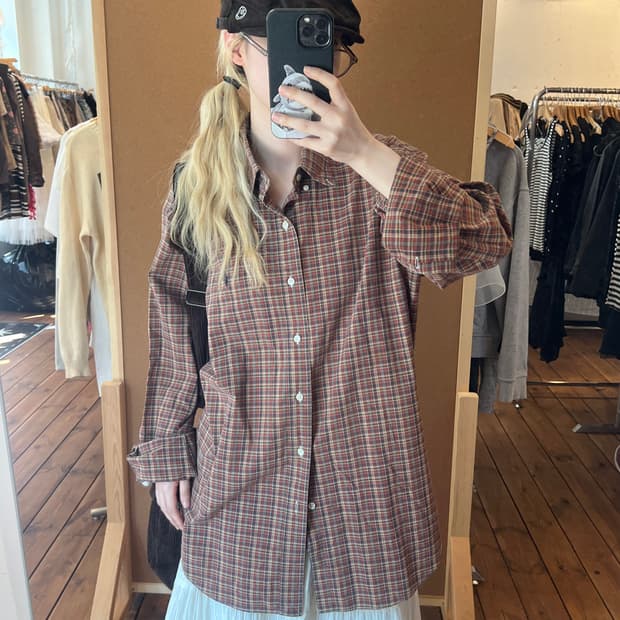 폴로 브라운 오렌지 체크 셔츠 