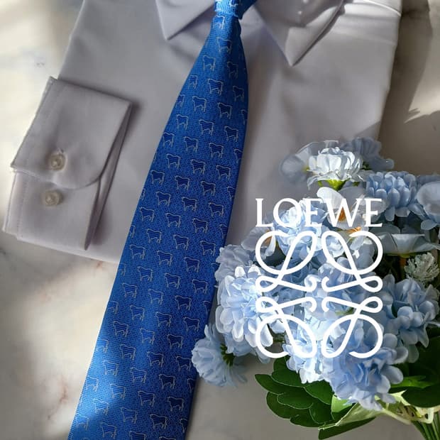 로에베 실크 블루 소 패턴 넥타이 9.9cm B등급 A19596
