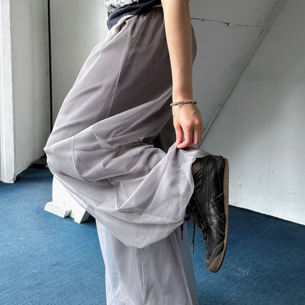 Sheer over fabric layer banded big pants