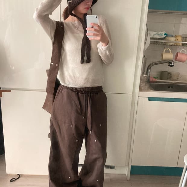 보우아카이브 지퍼 카펜터 팬츠 브라운 지그재그 와이드 밴딩팬츠