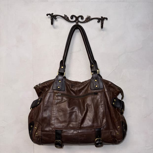 Brown stud buckled leather shoulder bag