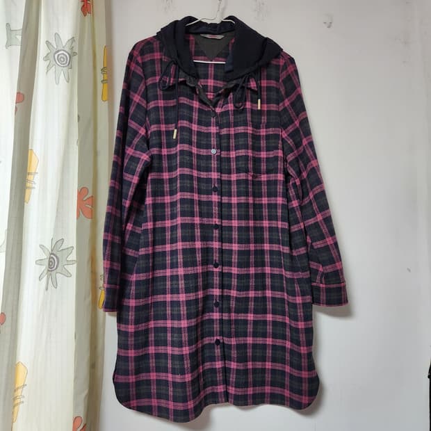 지센 체크 후드 롱 남방 셔츠 형 아우터 100