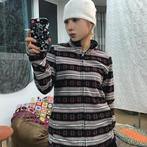 유니클로 여성 에스닉 핑크 배색 후리스 