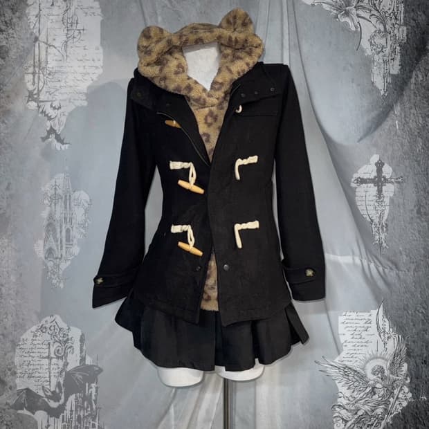 데일리 레오파드 곰돌이 후드 니혼진 갸루 코디세트 