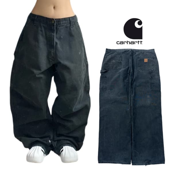 칼하트 OG 가죽패치 카펜터 블랙 페이딩 덕캔버스 와이드 워크팬츠