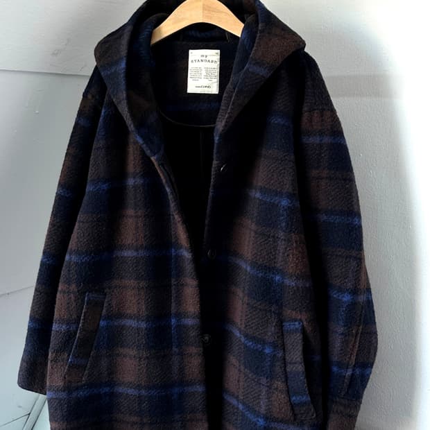 Felted wool blend hooded check coat