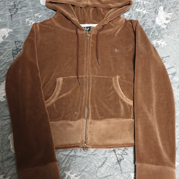 HOLLY 메이드 세미크롭 후드짚업 와이드팬츠 벨벳 세트 브라운 (F)