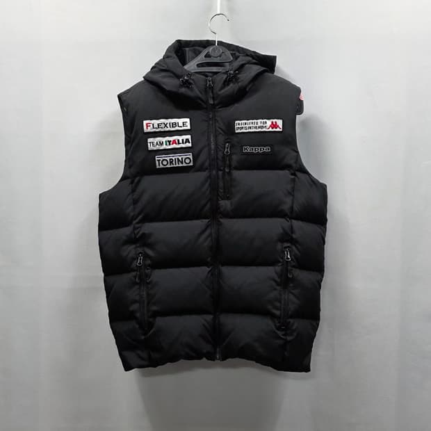 0798 카파 Kappa 구스다운 패딩 조끼 베스트 블랙 M 후드 공용