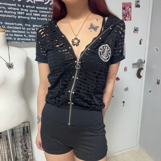 펑크 포인트 그물 반팔 후드집업 