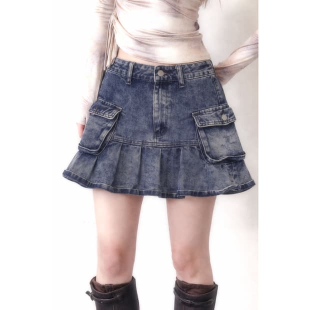 Acid Wash Denim Cargo Mini Skirt
