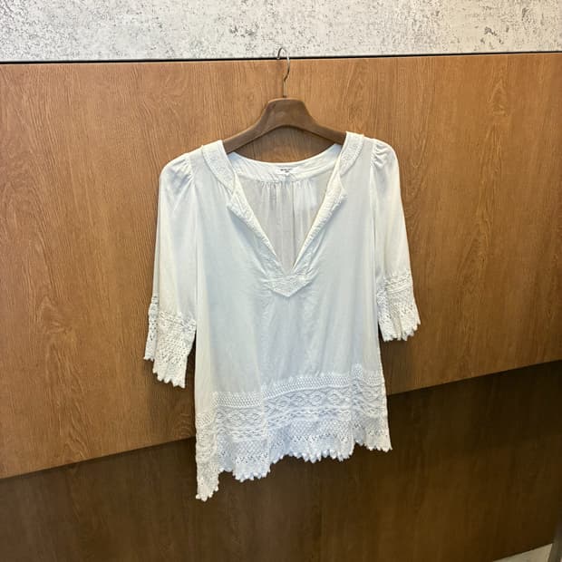 빈티지 7부 블라우스 브이넥 레이스 자수 디테일 화이트 k368