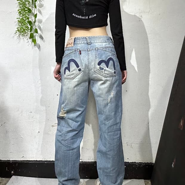 에비수 와이드 데미지 워싱 연청 데님 팬츠 자수 청바지 30