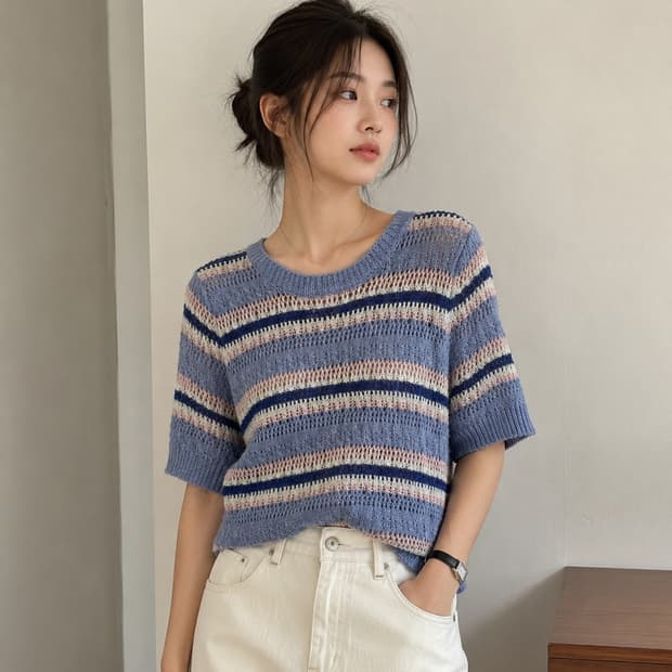 하늘색 스트라이프 니트 반팔 (F)