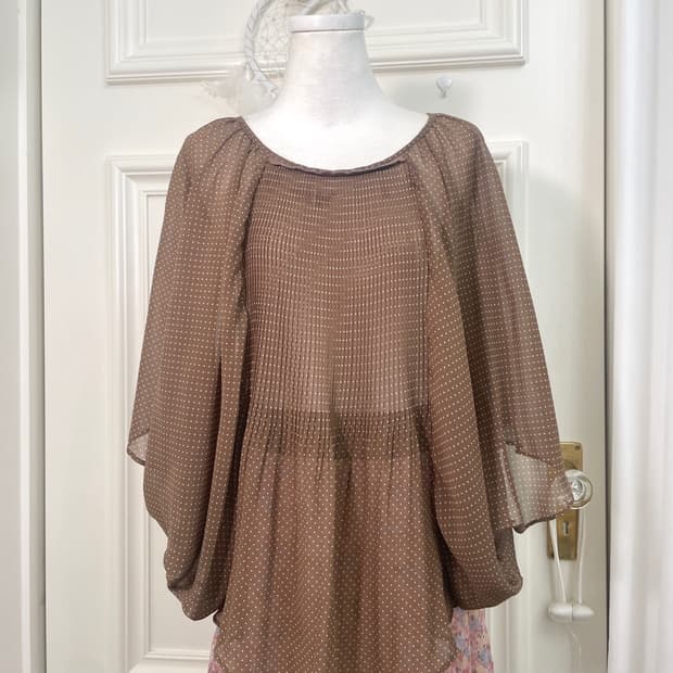 brown dot lace trim cape blouse