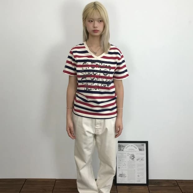 Global Work Stripe V-Neck Graphic Tee