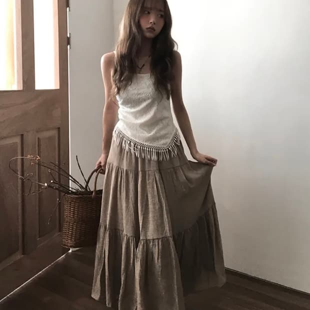 개봉)미사용)아이보리)챠머)챠네 린넨 쉬폰 캉캉 밴딩 롱스커트 벨트 세트