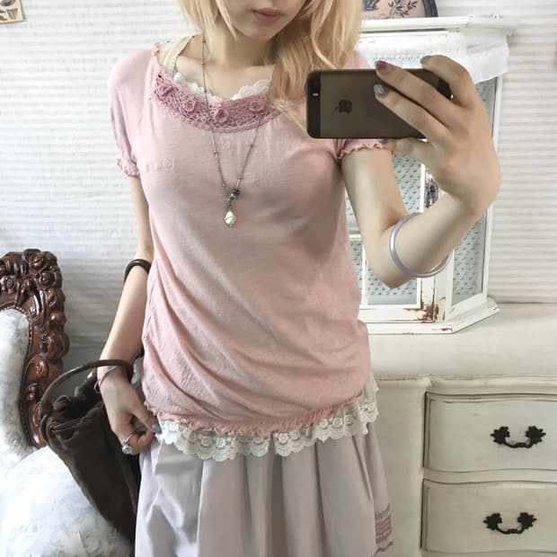 일본빈티지 핑크 크로셰 프릴 반팔