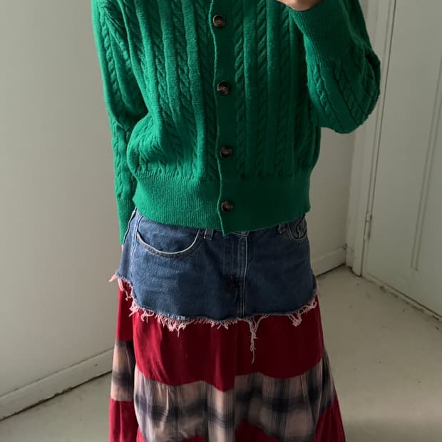일본빈티지 그린 꽈배기 니트가디건